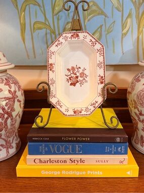 Octagonal Red and White Floral Ceramic Serving Platter - Classic Dinnerware